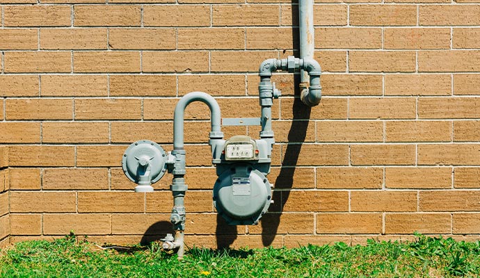 Gas utility meter mounted on a brick wall Gas meter mounted on a brick wall with connected pipes and fittings